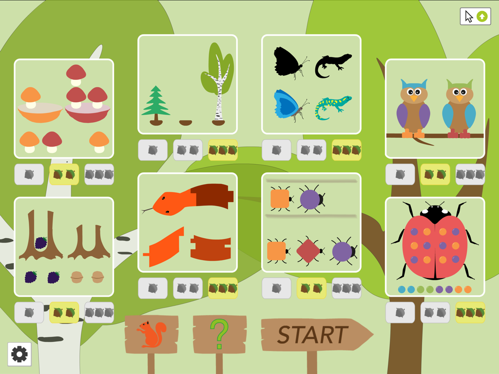PreNumbers PRO - Educational exercise selection menu in PreNumbers PRO featuring forest themed sorting tasks