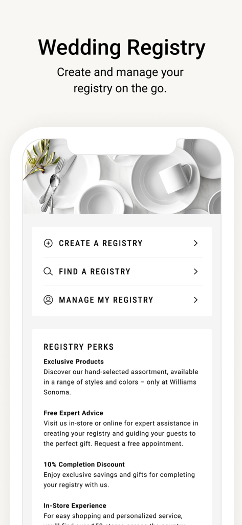 Williams Sonoma app screen for creating and managing a wedding registry with a list of registry perks
