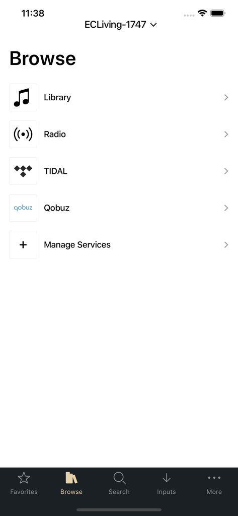 EC Play - Browse screen of the EC Play app showing options for library radio Tidal and Qobuz