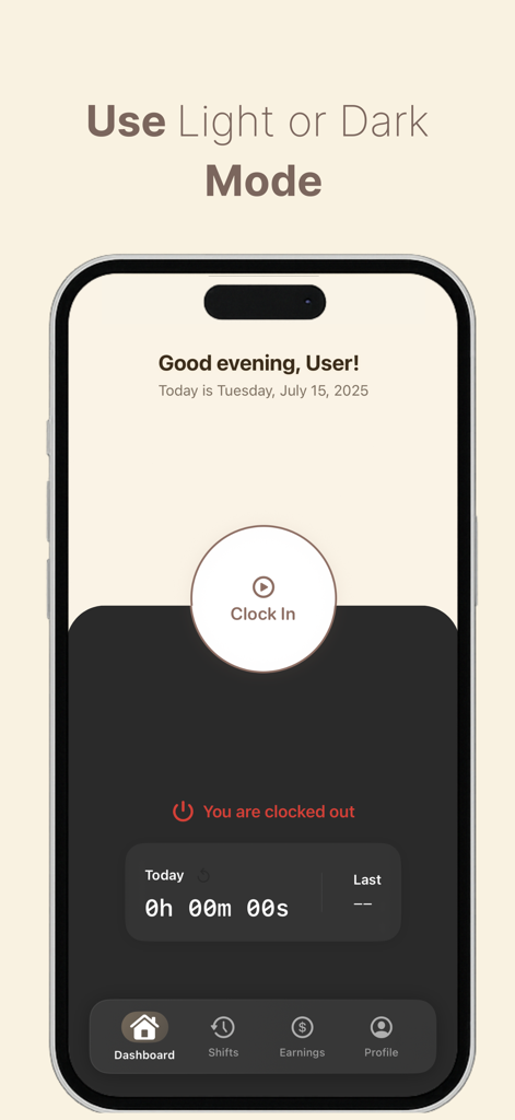 Timely - Track Your Hours - Ein Smartphone-Bildschirm, der die Timely App-Oberfläche mit hellen und dunklen Design-Themen und einer Einchecken-Schaltfläche anzeigt