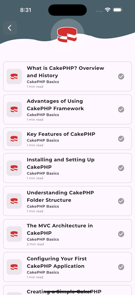 Mobile app screen displaying a list of introductory CakePHP tutorial topics including MVC architecture and installation.