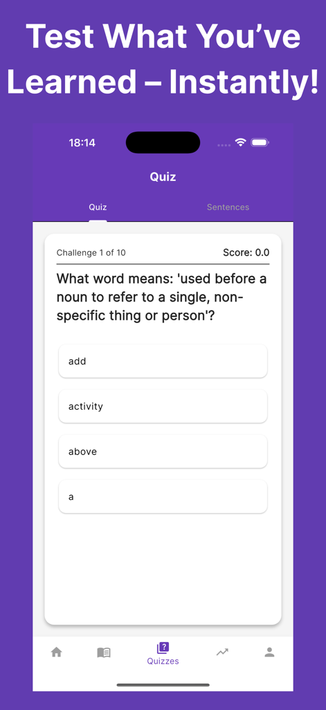 VocabHero: Learn English Fast - VocabHero app screenshot showing an interactive English vocabulary quiz with a multiple-choice question.