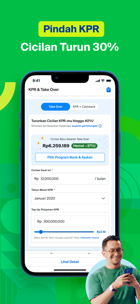 Teléfono inteligente mostrando la toma de control de hipoteca de la aplicación Pinhome y el calculador de cuotas mensuales.