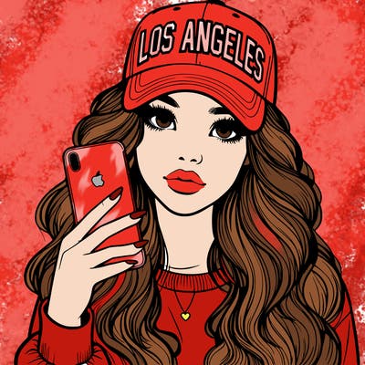 realistic beautiful girl wearing los ángeles cap holding an iphone