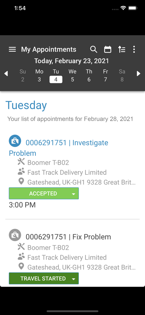 Infor MFS Cloud - Mobile screen showing a technician's appointment list with job details and status indicators like Accepted and Travel Started
