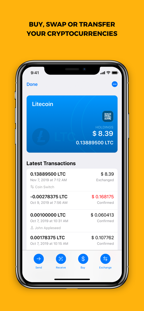 COINS: One App For Crypto - Screenshot of the COINS app showing a Litecoin wallet balance and a list of recent transactions