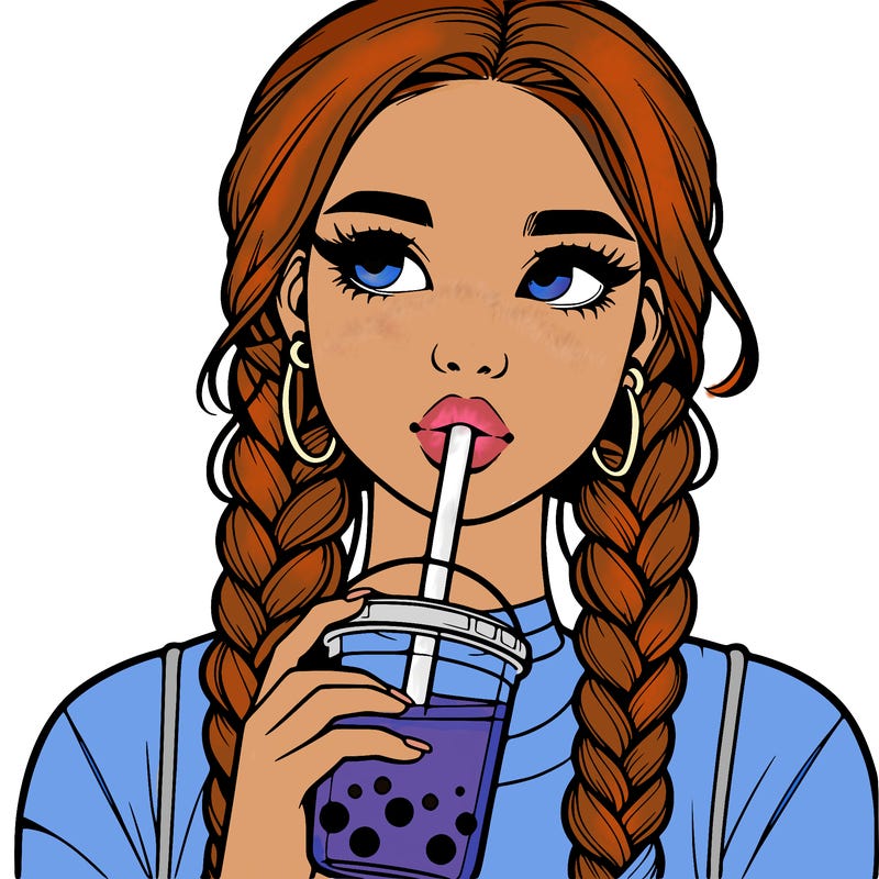realistic girl with braided hair drinking boba