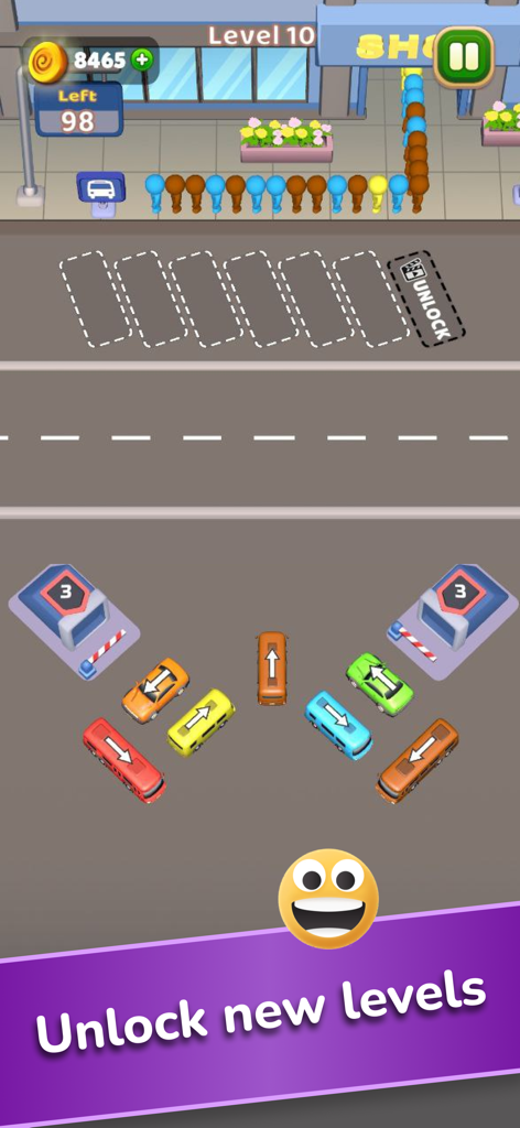 Car Jam Solver: Traffic Puzzle - Top down view of a car sorting puzzle game showing colorful vehicles and a queue of characters in front of a shop