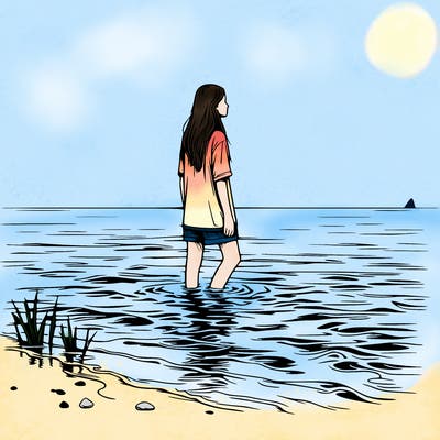 realistic girl standing in the water