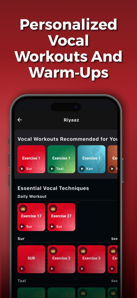 Padhanisa: Learn to Sing Songs - A smartphone interface showing various personalized vocal workouts and warm-up exercises for singing practice