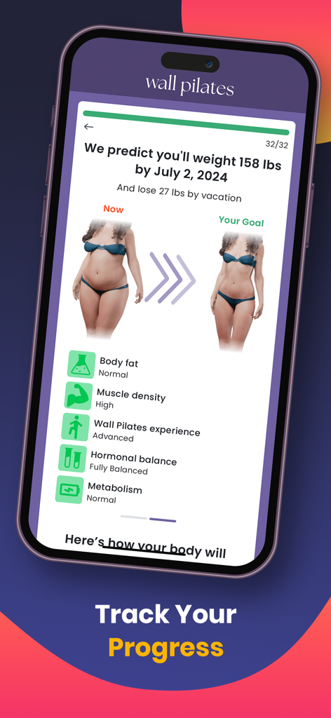 Wall Pilates: Fit Weight Loss - A smartphone showing a weight loss prediction and body transformation visualization within the Wall Pilates app