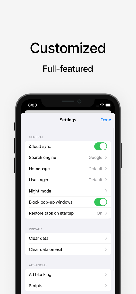 Menu delle impostazioni di Via Browser che mostra opzioni di personalizzazione come la scelta del motore di ricerca e il blocco degli annunci