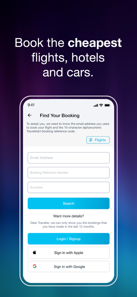 Travelstart: Flights & Hotels - Travelstart app interface showing the Find Your Booking screen with search fields for email and booking reference