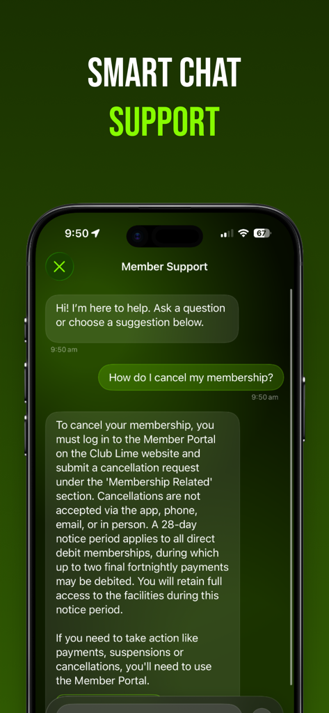 Club Lime App Smart Chat Support-Oberfläche, die Mitgliederhilfe und automatisierte Antworten zeigt