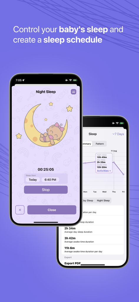 Mommy - Baby Tracker & Diary - Capturas de pantalla de la aplicación Mommy que muestran el temporizador de sueño y el análisis de patrones de sueño del bebé
