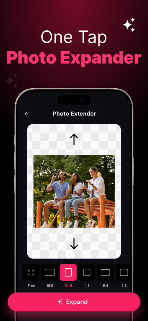 Extend Photo : AI Expand Photo - Screenshot of the One Tap Photo Expander feature in the Extend Photo app showing a photo being resized to a 9 to 16 aspect ratio