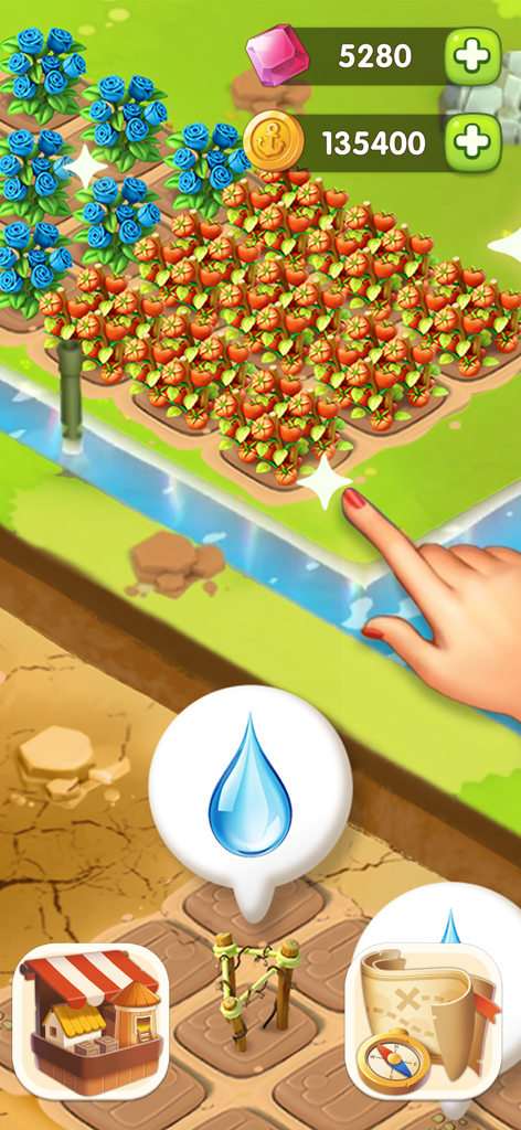 プレイヤーがアイランドファームアドベンチャーのモバイルゲームで、作物を収穫し、リソースを管理している様子