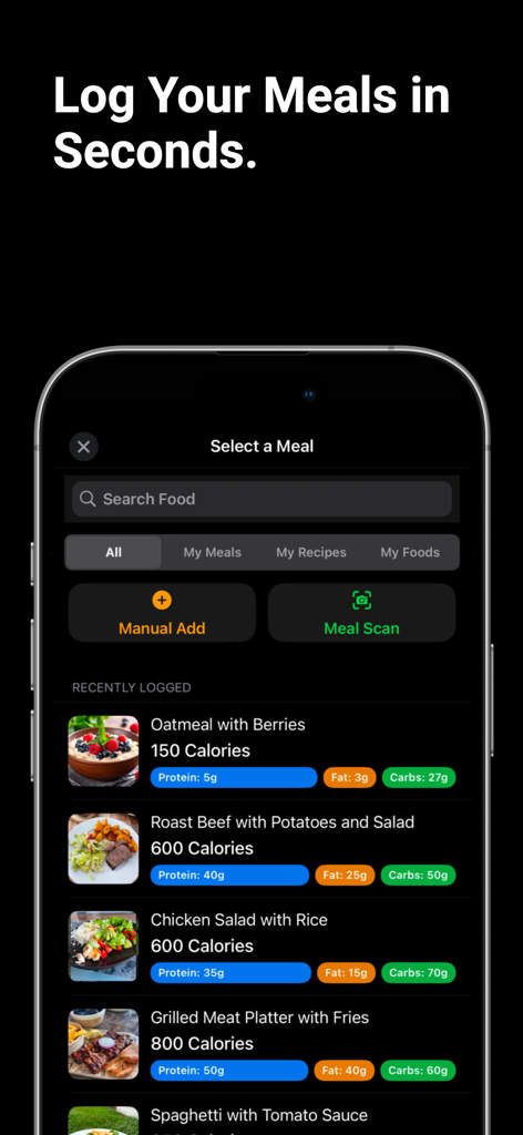 CountFit AI - Calorie Counter - Interfaz de la aplicación CountFit AI para registrar comidas que muestra funciones de seguimiento de calorías y macros.