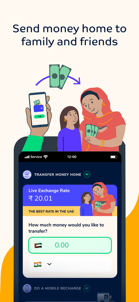 Interface of the NOW Money app showing how to transfer money home from the UAE with live exchange rates