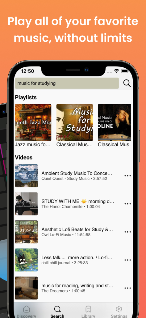Musi‣ Player - Music Streaming - Musi Player search screen showing lofi and study music playlists.