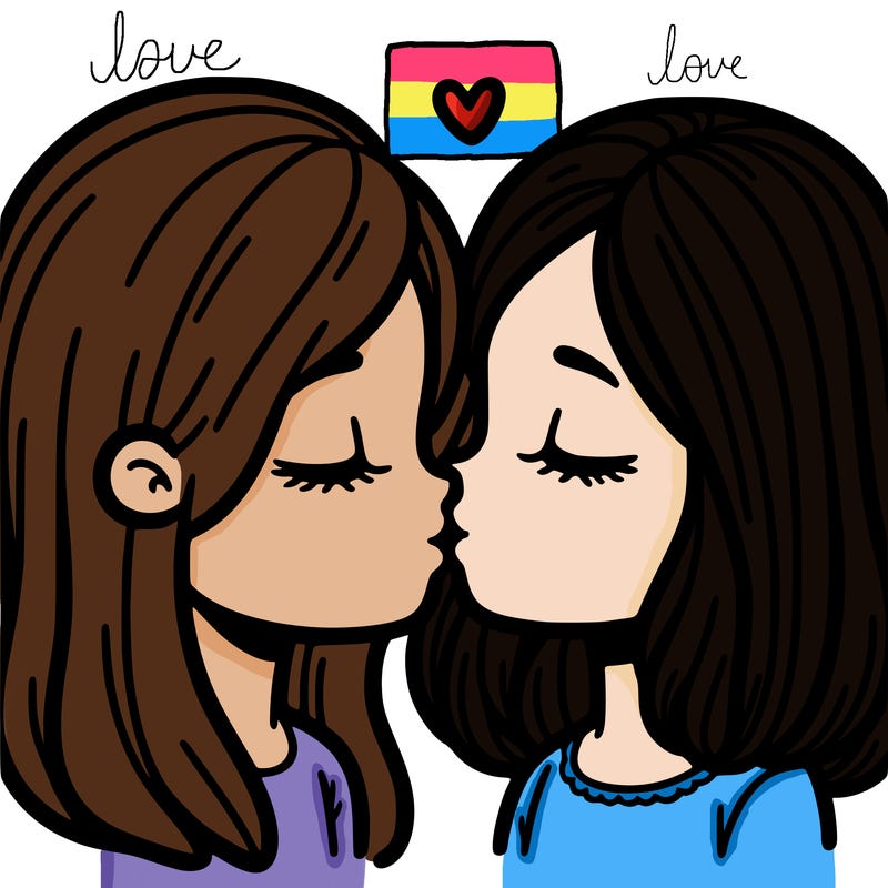 two girls kissing, one with long hair and one with short hair