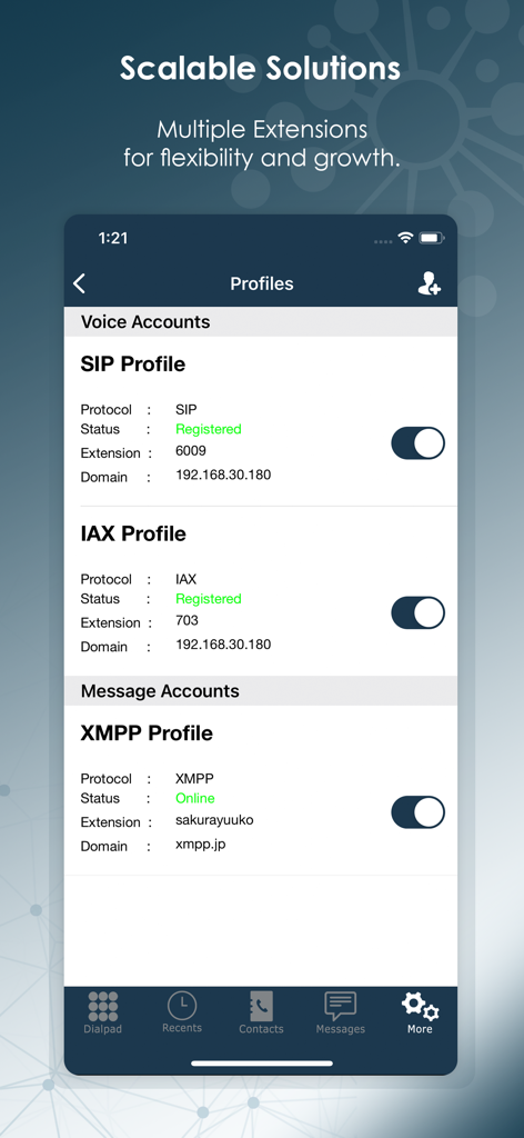 Skylar Enterprise - A mobile interface for Skylar Enterprise showing multiple SIP, IAX, and XMPP communication profiles and extensions.