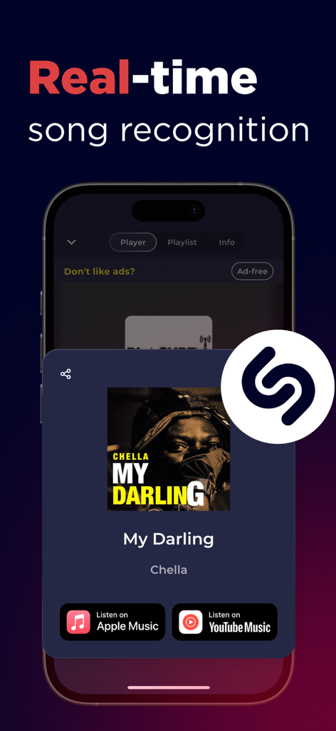 Radio Kenya FM AM Online Live - Tela do telefone móvel mostrando o reconhecimento de música em tempo real no aplicativo Rádio Quênia