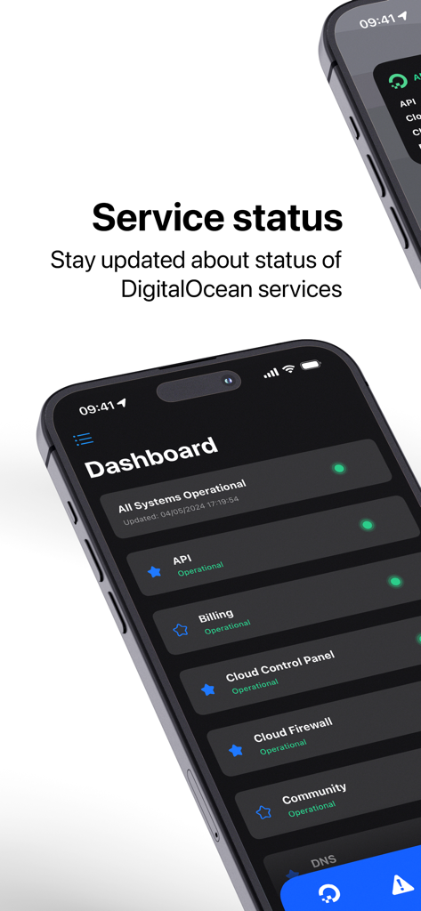 Status for DigitalOcean - Smartphone screen displaying the DigitalOcean status dashboard with various services marked as operational in dark mode