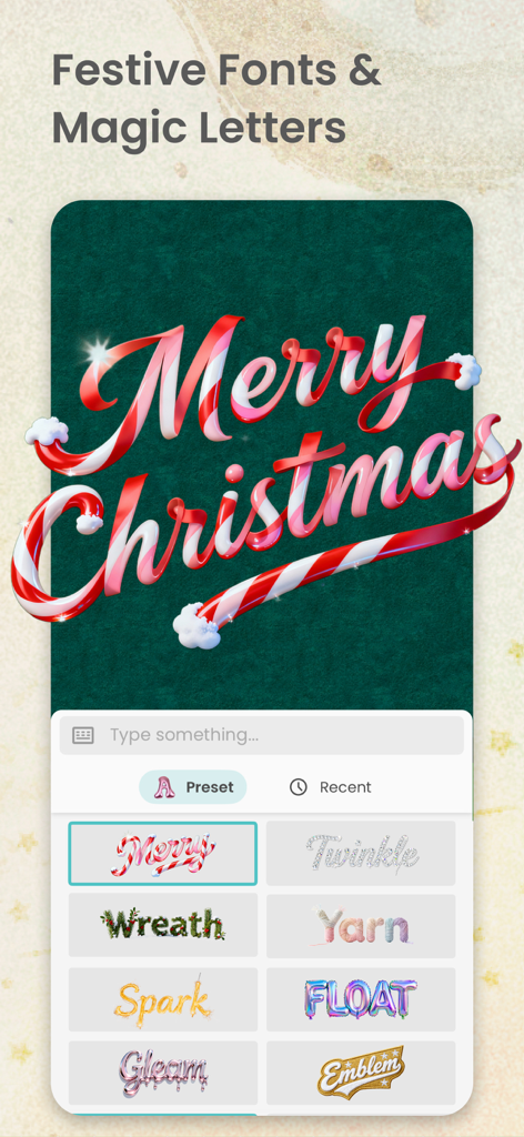 Interface showing festive font styles and magic letters for a Merry Christmas card design in PicCollage