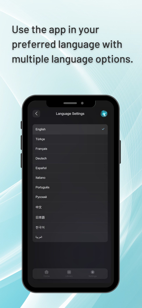 Una pantalla móvil mostrando el menú de configuración de idioma en la aplicación Vocal Remover AI.