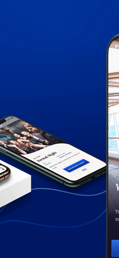 Princess Cruises - Uno schermo di smartphone che mostra l'app Princess Cruises con i dettagli di un evento a bordo per la serata formale e un pulsante di segnalibro.
