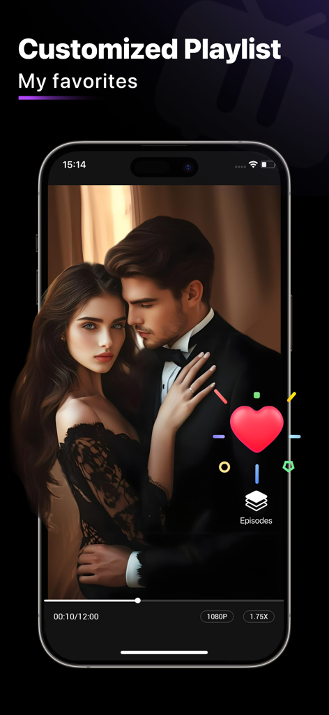 Captura de pantalla de la aplicación MiniDrama que muestra una función de lista de reproducción personalizada con una escena de drama romántico reproduciéndose en un teléfono inteligente.