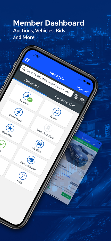 Member dashboard of the Copart app showing auction and vehicle search icons