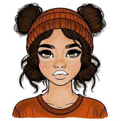 realistic girl with buns in her hair with a beanie on