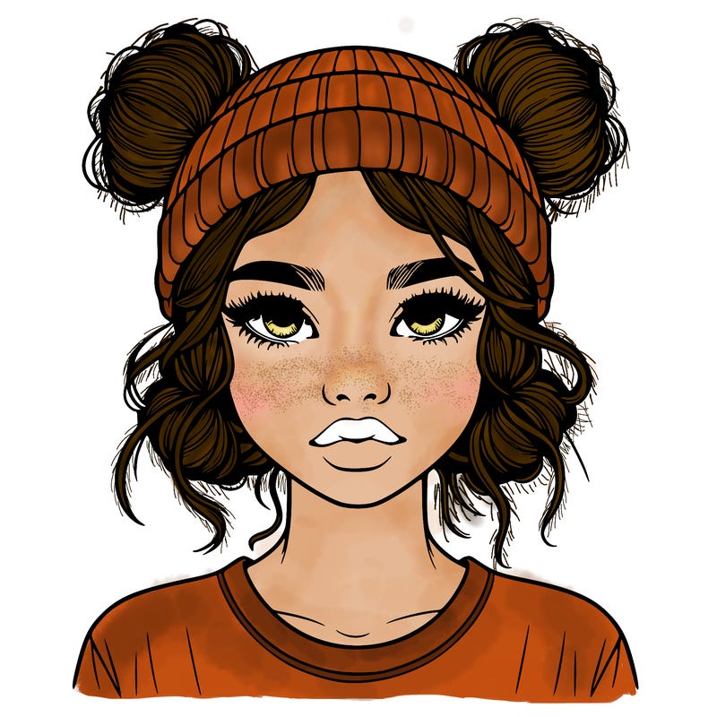 realistic girl with buns in her hair with a beanie on