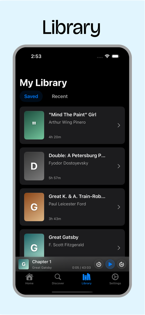 LibriVox! - Captura de pantalla de la interfaz de la biblioteca de audiolibros de la aplicación LibriVox mostrando una lista de audiolibros clásicos guardados, incluido El Gran Gatsby.