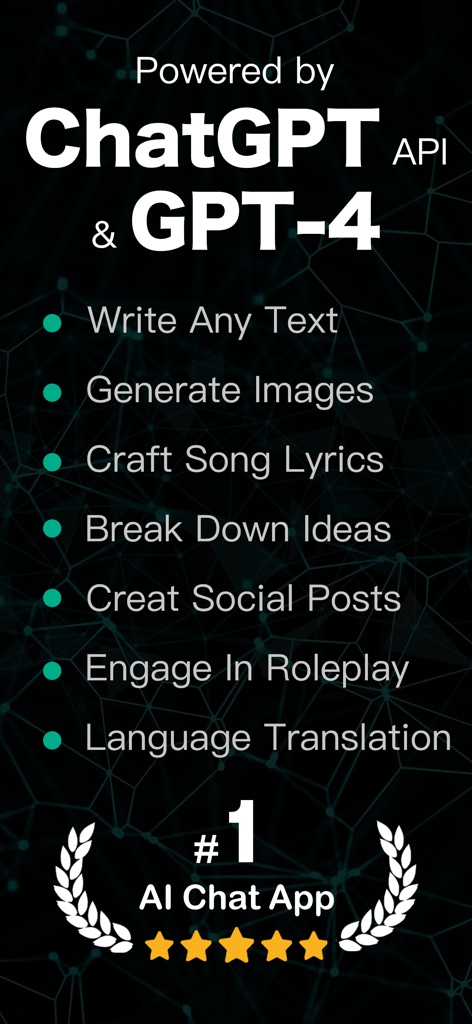 AI Chatbot : Ask AI Anything - Pantalla de la aplicación Chatbot de IA que enumera funciones como generación de texto, creación de imágenes y letras de canciones potenciadas por GPT-4.