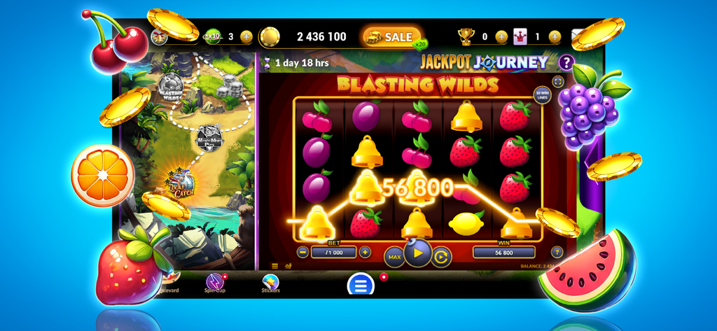 Super Slots Rush Classic - Super Slots Rush Classic gameplay showing a big win on a fruit slot machine with gold coins and a tropical map journey