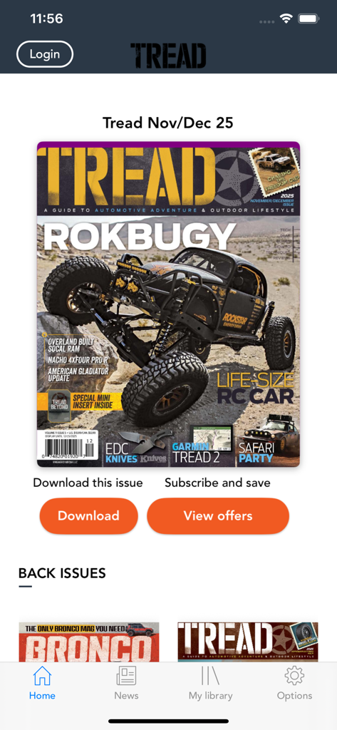 Pantalla de inicio de la aplicación Tread Magazine con la portada de un vehículo todoterreno y botones de descarga