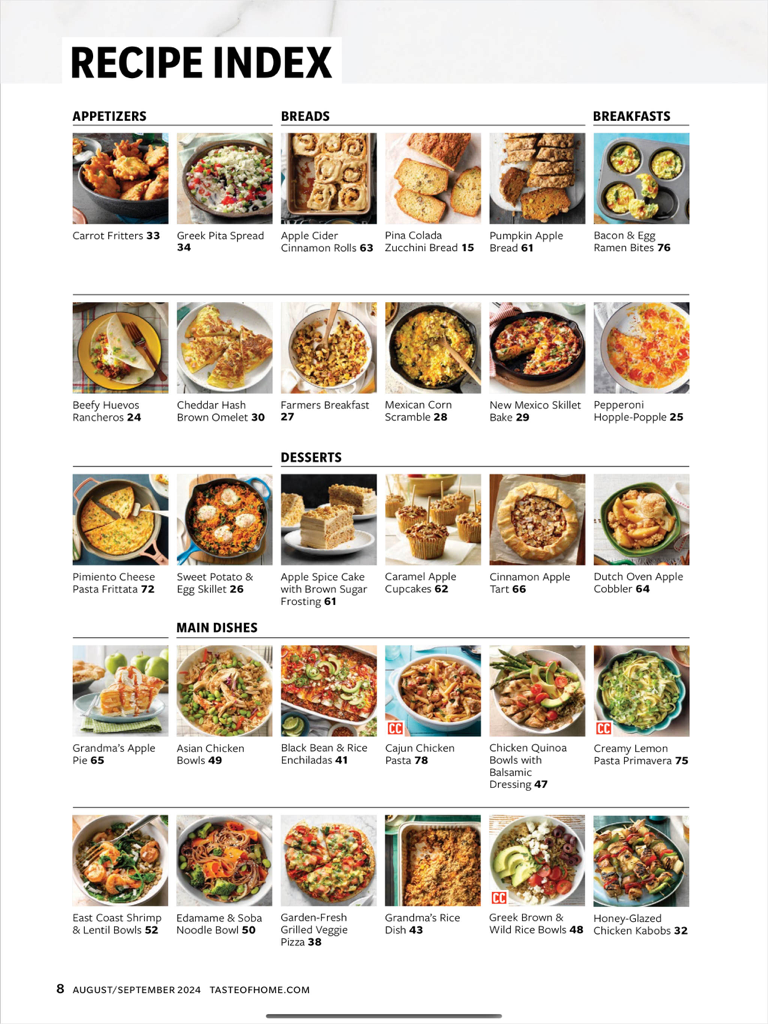 Taste of Home Magazine - A visual recipe index in the Taste of Home iPad app displaying categories for appetizers breads breakfasts desserts and main dishes