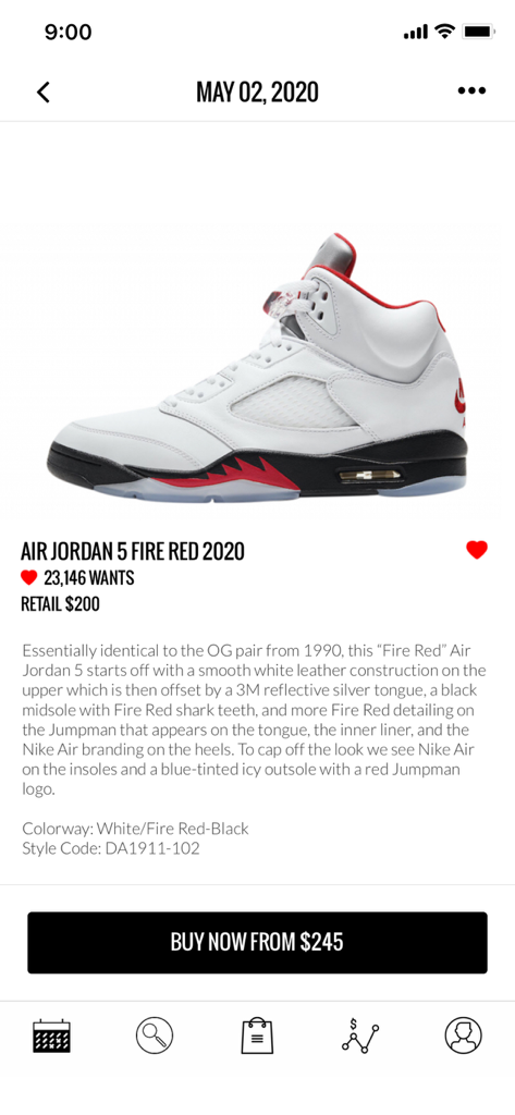 KicksOnFire: Release Dates - Interfaz de aplicación móvil que muestra detalles del lanzamiento de la zapatilla Air Jordan 5 Fire Red 2020 con precios y opciones de compra