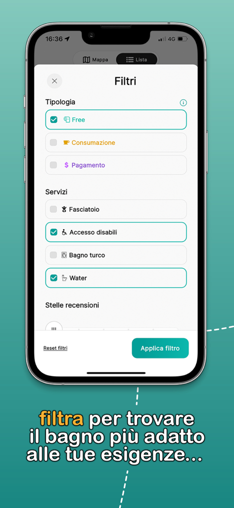 Interface de filtros de pesquisa no aplicativo Onde fica o banheiro mostrando opções para banheiros gratuitos e acesso para deficientes.