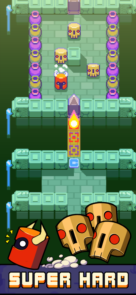 Rust Bucket - Um personagem de chifre vermelho enfrenta inimigos caveira em uma tela de jogo de exploração de masmorras pixel art com o texto Super Hard.