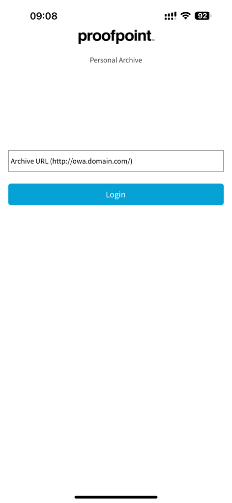 Proofpoint Mobile Archive - Proofpoint Mobile Archive app login screen with archive URL field