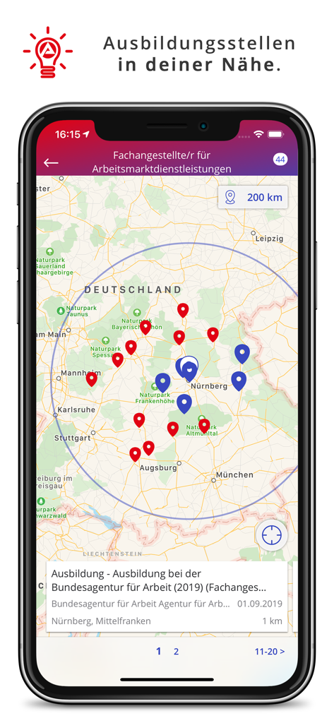 AzubiWelt - AzubiWelt app map interface showing apprenticeship positions in Germany with a 200km radius filter