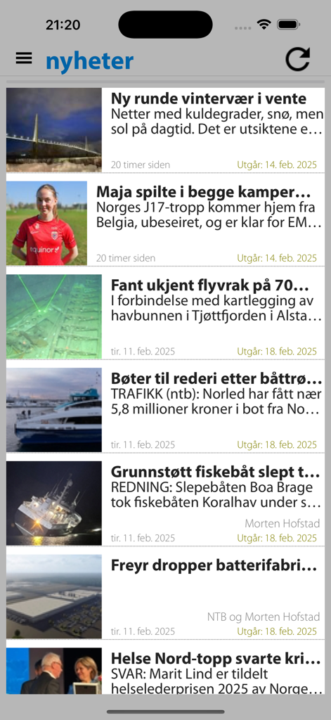 Flux d'actualités HBlad affichant des titres et des articles locaux norvégiens