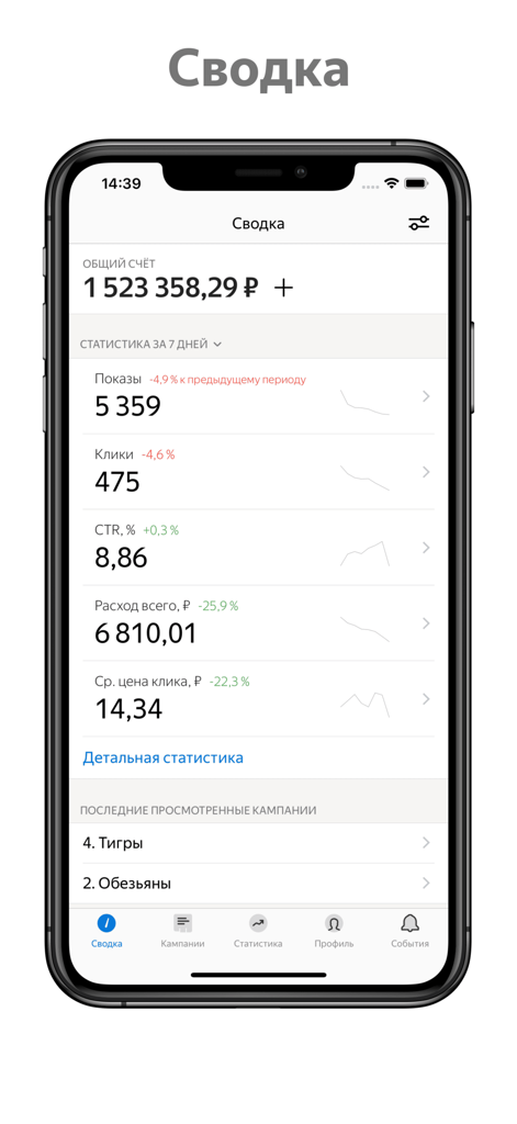 Summary dashboard in the Ads Manager 2024 app displaying PPC performance metrics and account balance