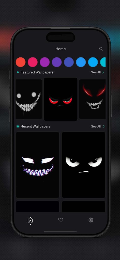 Silly Smile Wallpapers 4K Live - Startbildschirm der Silly Smile Wallpapers App mit einer Galerie von dunklen Hintergrundbildern mit leuchtenden Gesichtern und einer Farbfilterleiste.