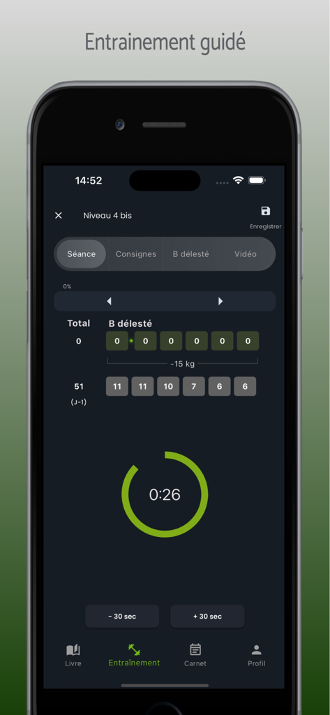 Méthode Lafay 2A - Interface of the Methode Lafay 2A app showing a guided training session with a workout timer and repetition tracking