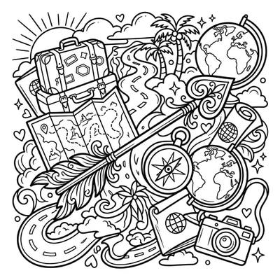 Unleash your creativity with this enchanting coloring page featuring Cupid's Arrow amidst a vibrant world of travel and adventure. Discover intricate details like suitcases, maps, and globes, waiting for your personal touch to bring them to life.